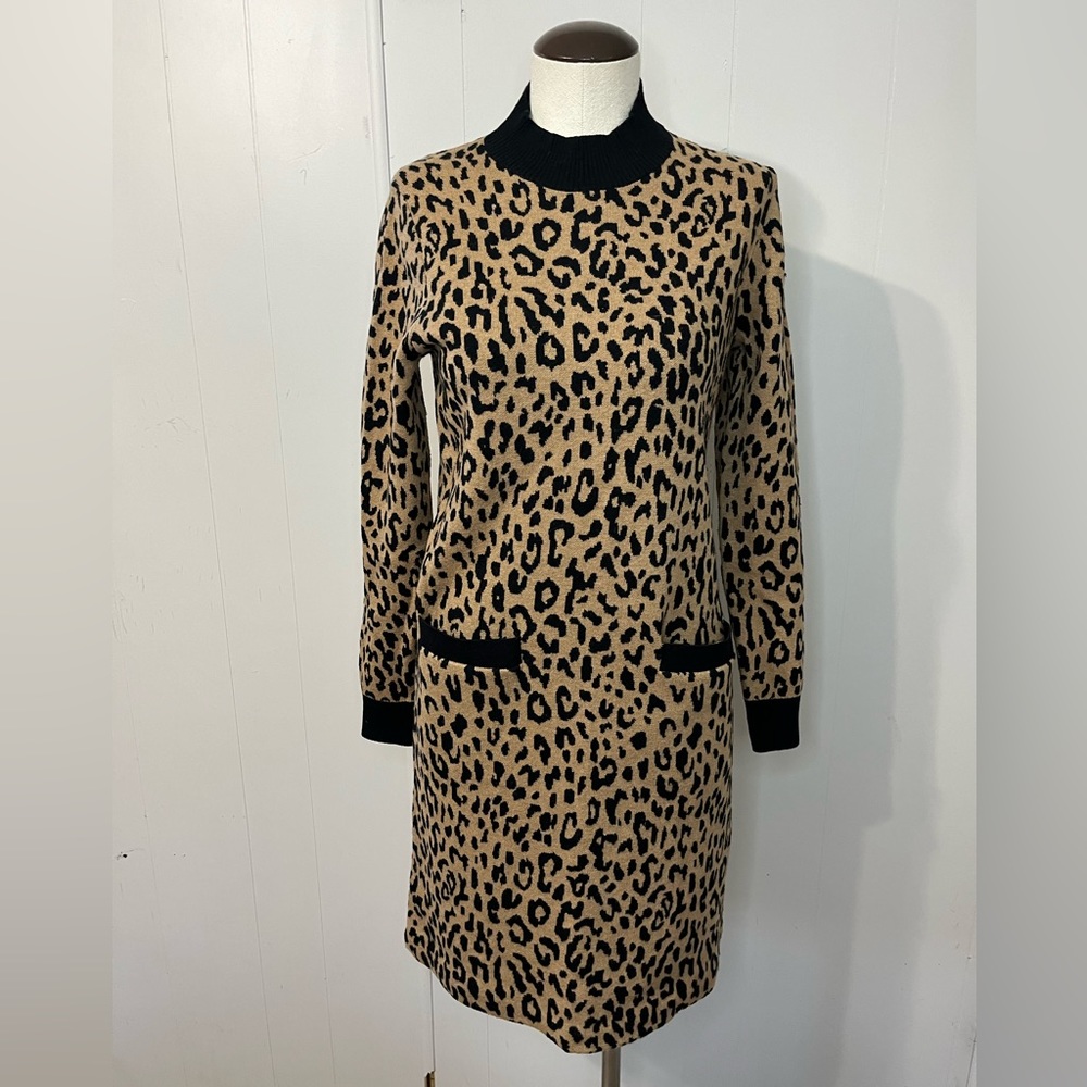 J.Crew merino wool blend sweater dress‎ leopard print brown and black size small
